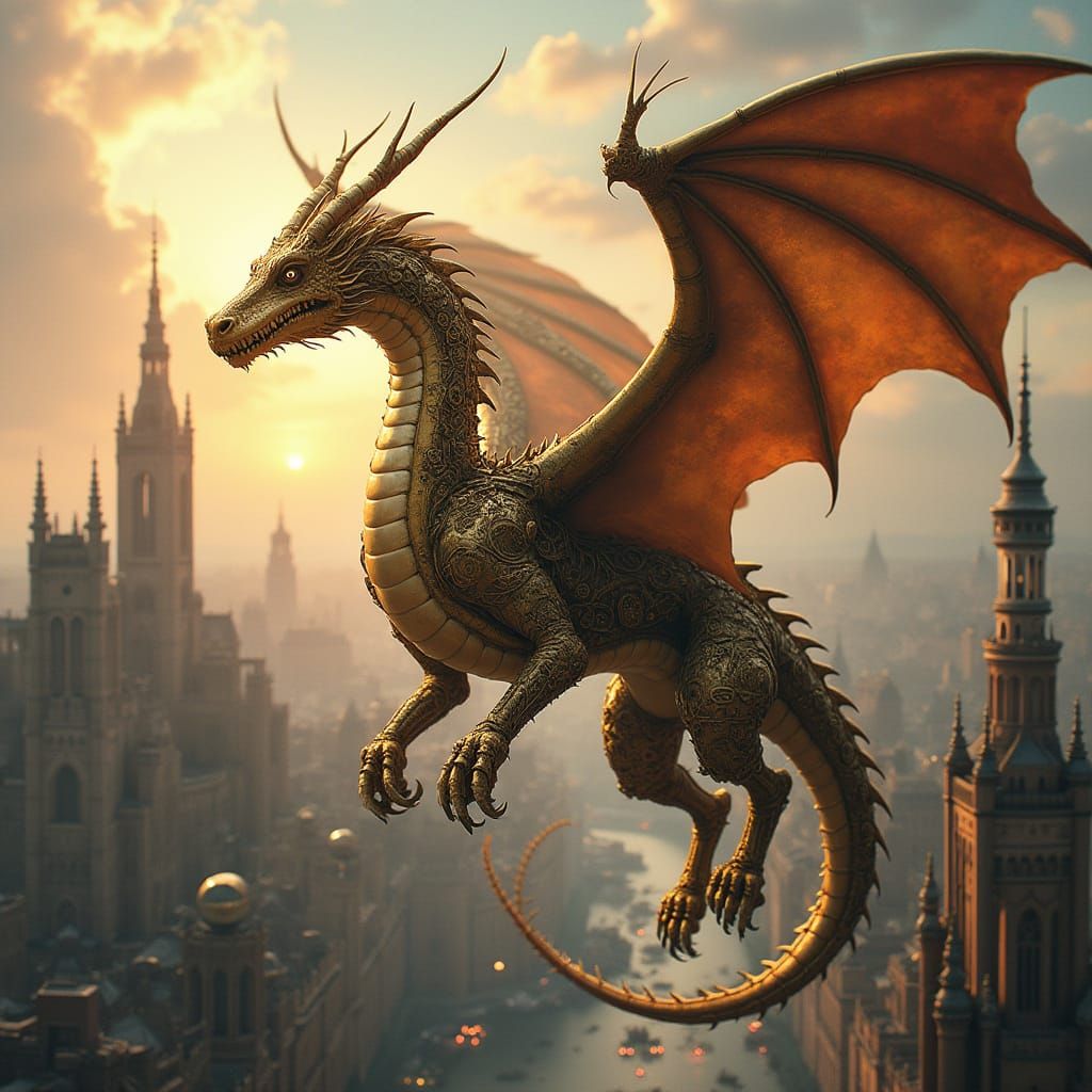 Steampunk Dragon Soaring Over Victorian City