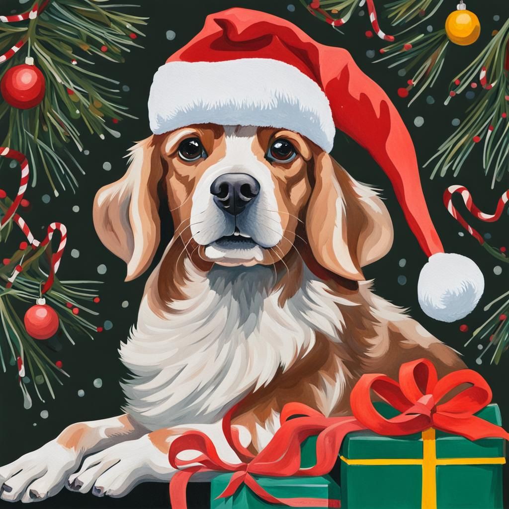 Festive Christmas Dog in Gouache Style