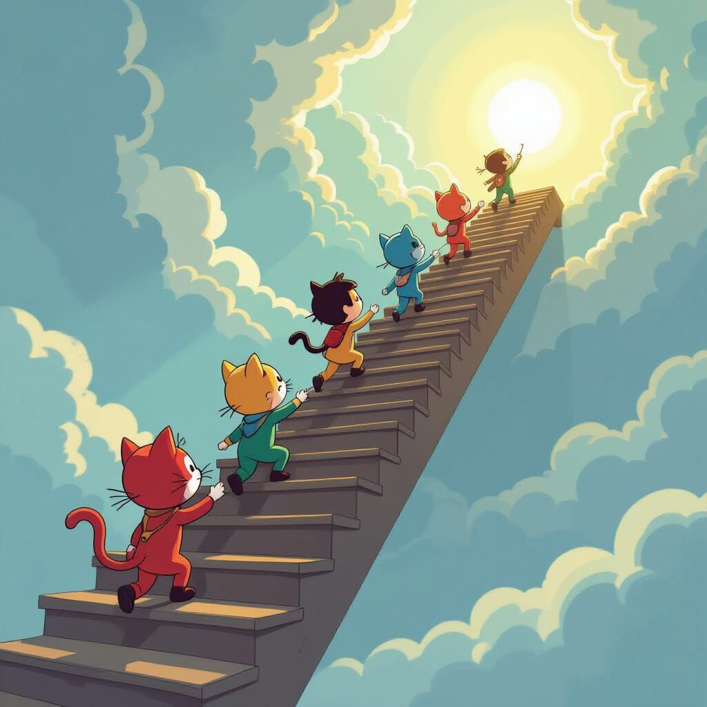 Cartoon Characters Climb Endless Staircase to Sky