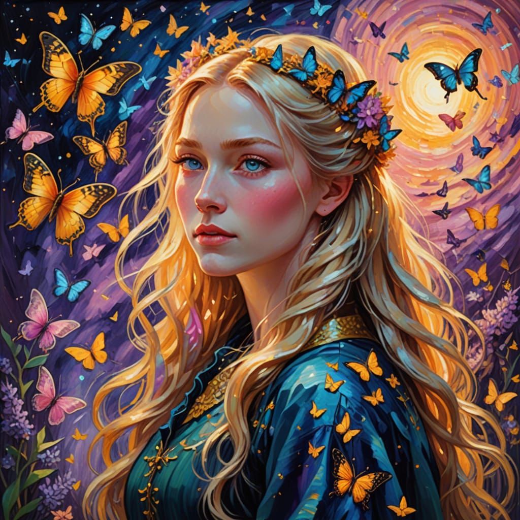 Ethereal Neko Woman in Sunset Galaxy with Vibrant Butterflie...