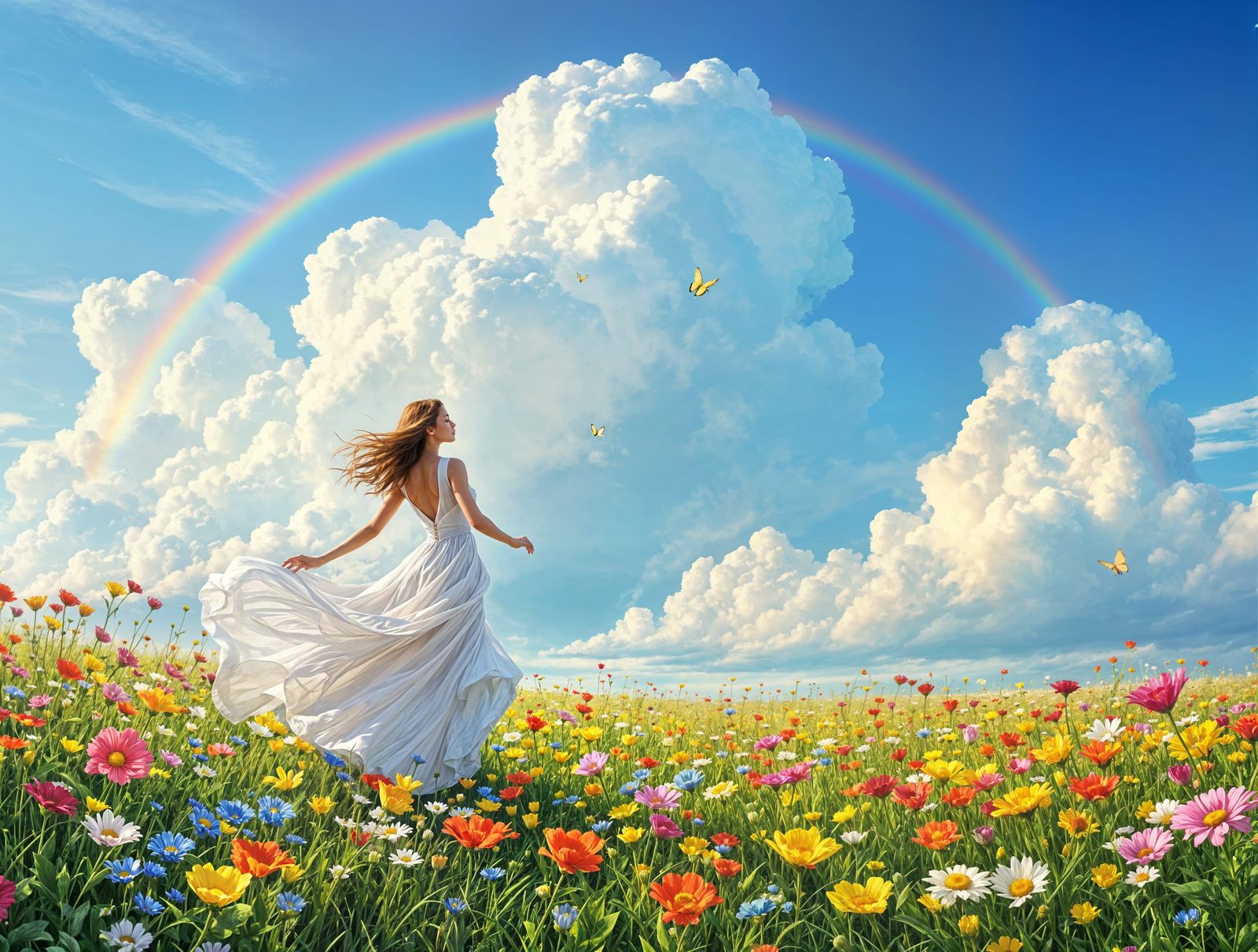 Ethereal Woman Dances Amidst Rainbow Hued Blooms