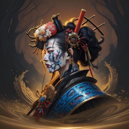 Melting Samurai in Dreamlike Forest, Ukiyo-e Style