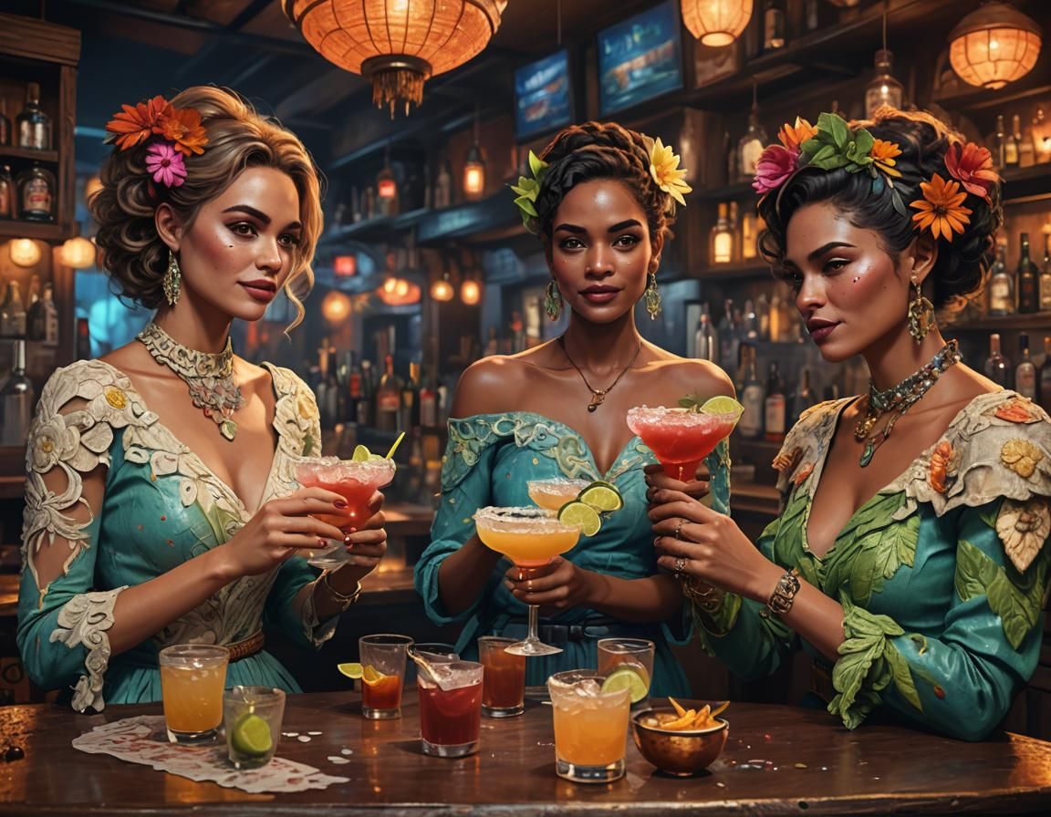 Women at Bar with Spicy Margaritas as Impasto