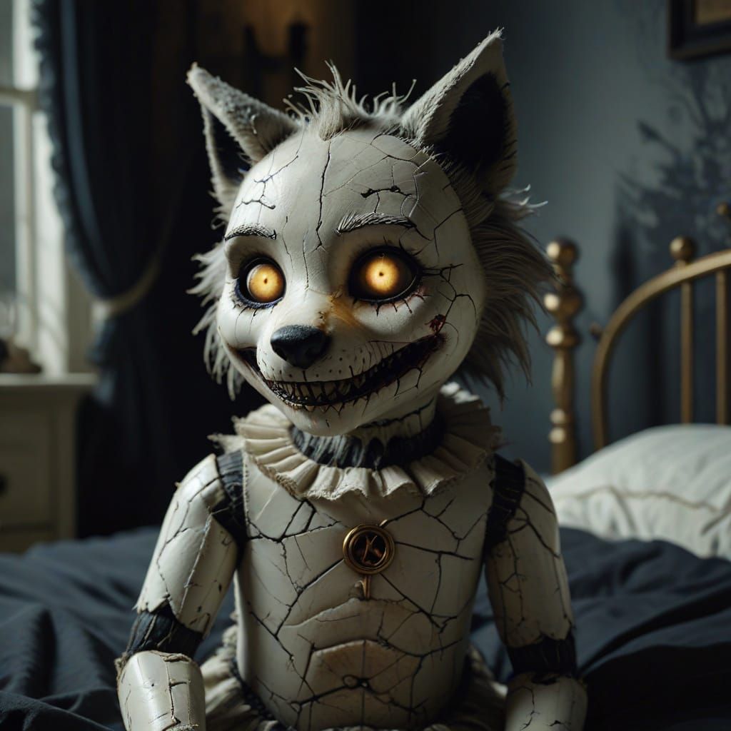Cracked Porcelain Wolf Doll in Gothic Horror Style