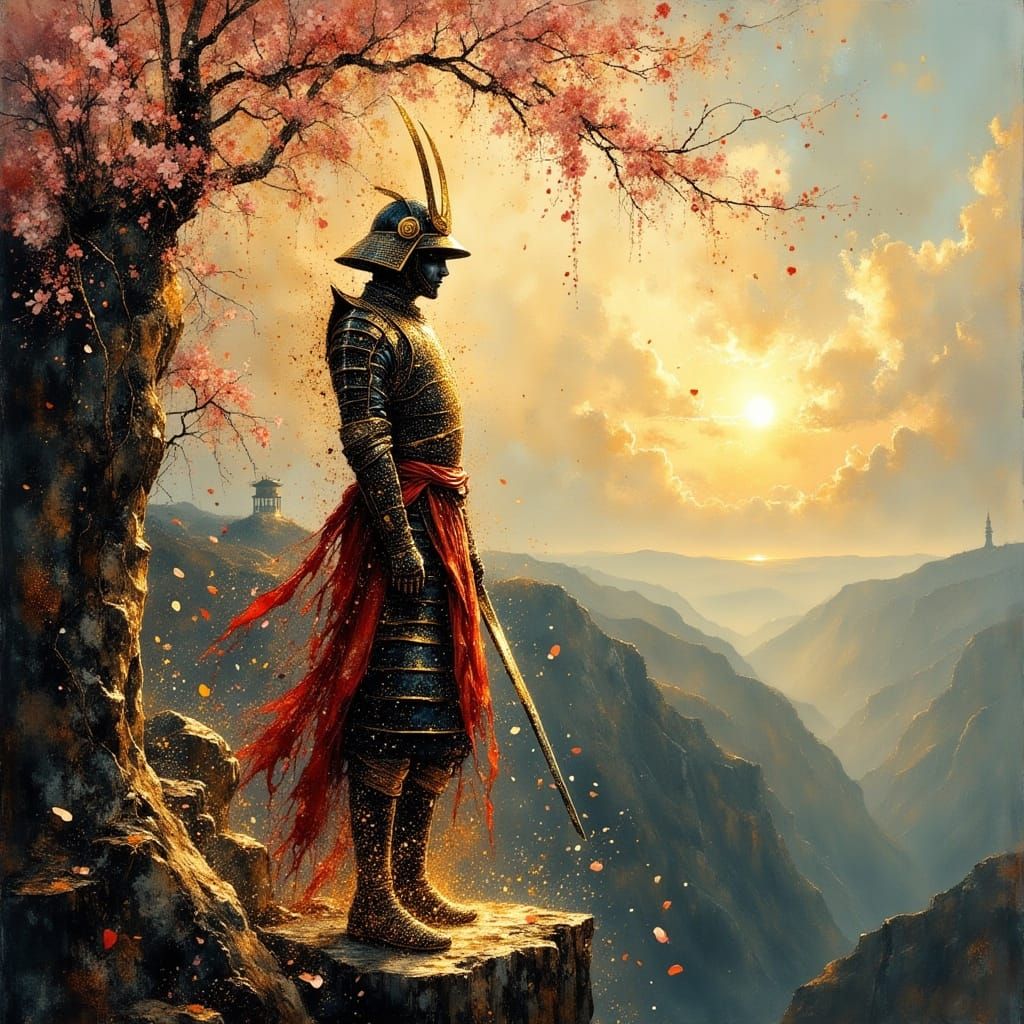 Samurai Dissolving at Cliff Edge in Surreal Illustration