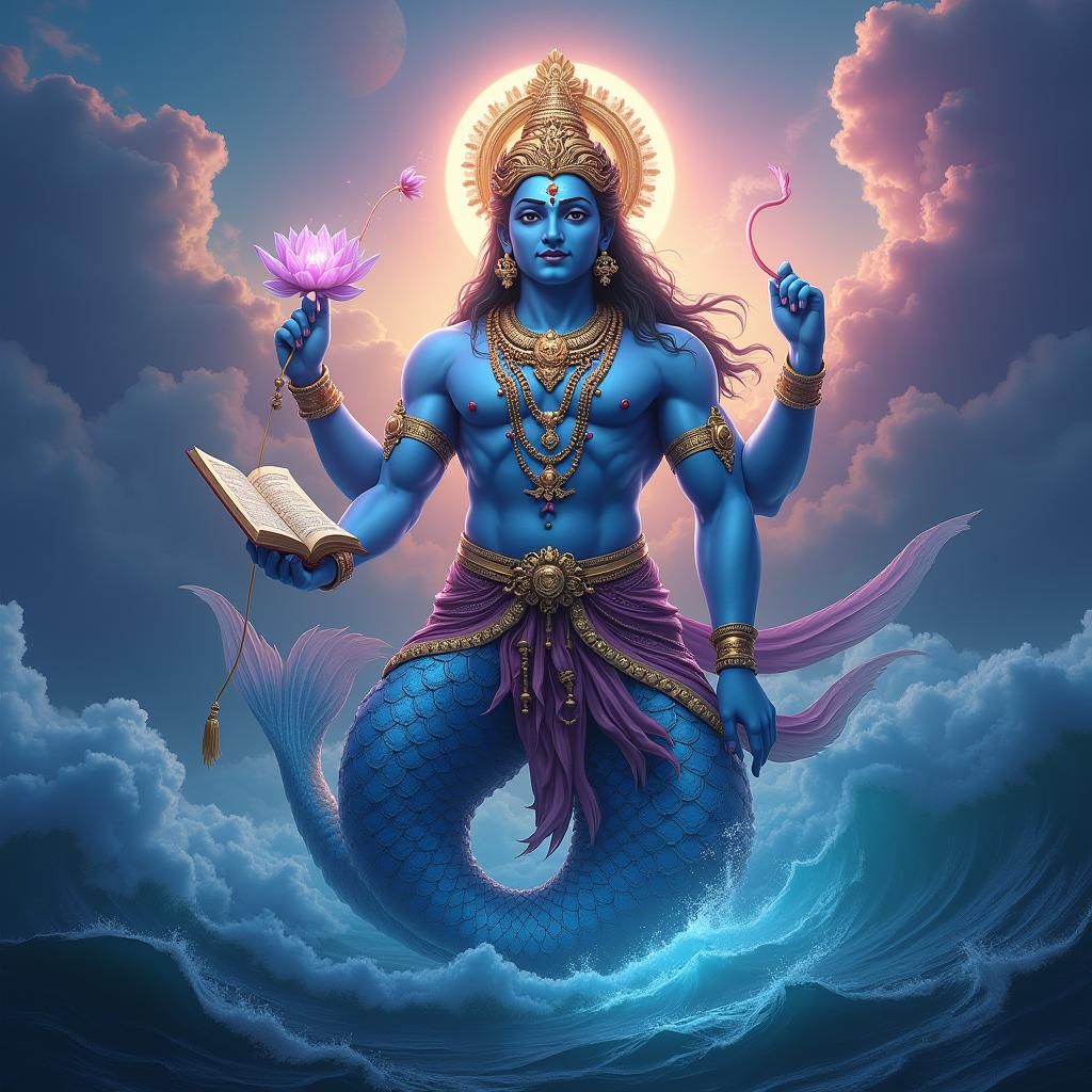 Lord Vishnu Matsya Avatar in Mystical Ocean