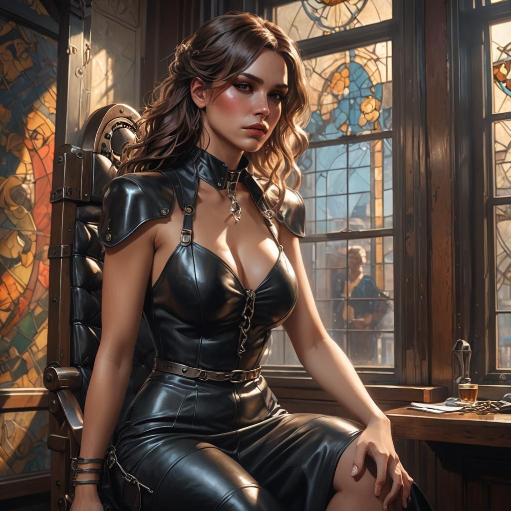 Captive Beauty: Hyperdetailed Portrait in Leather Dress