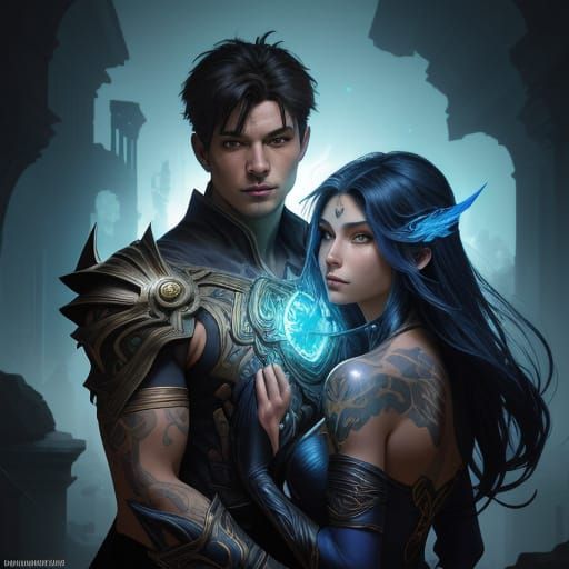 Teen Couple with Celestial Tattoos in Misty Ruins