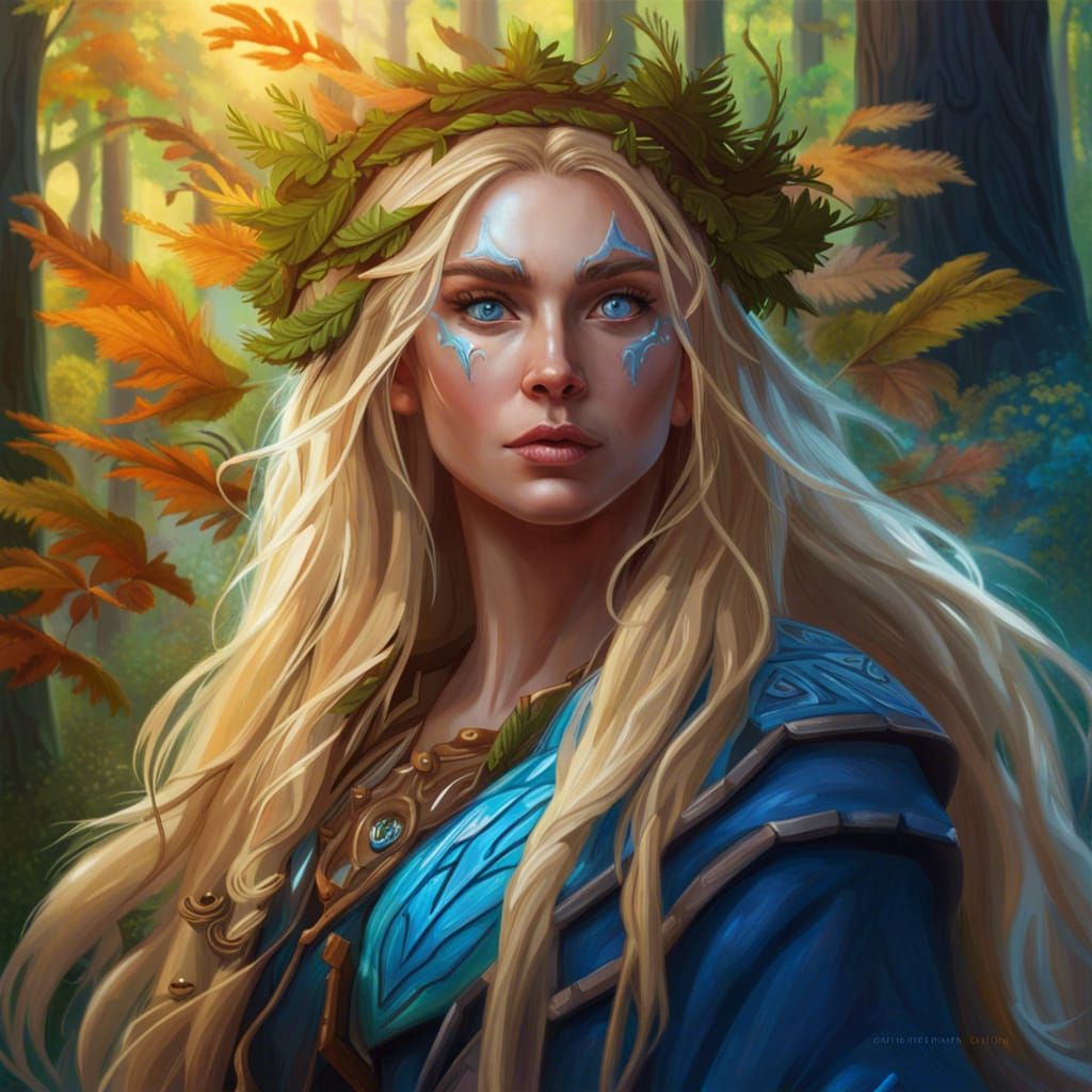 Detailed Portrait of a Blonde Druid in Forest Setting
