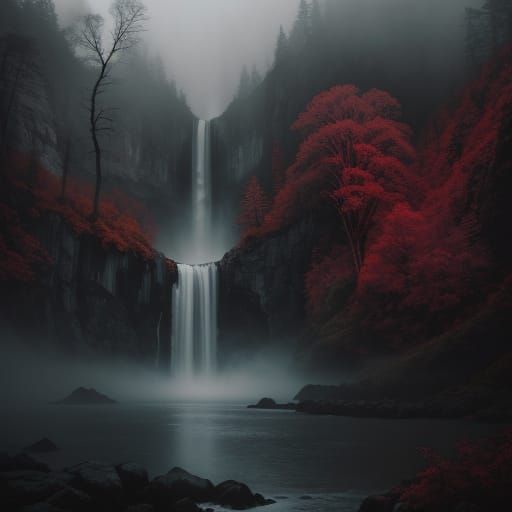 Moody Oil Painting of Mysterious Misty Landscape at Golden H...