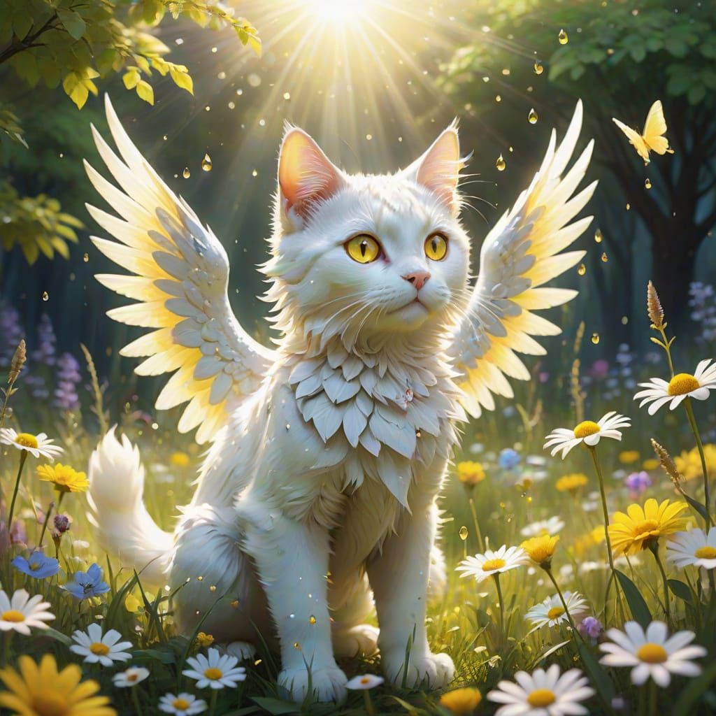 Whimsical Fantasy Cat in a Flower Meadow with Chocobo