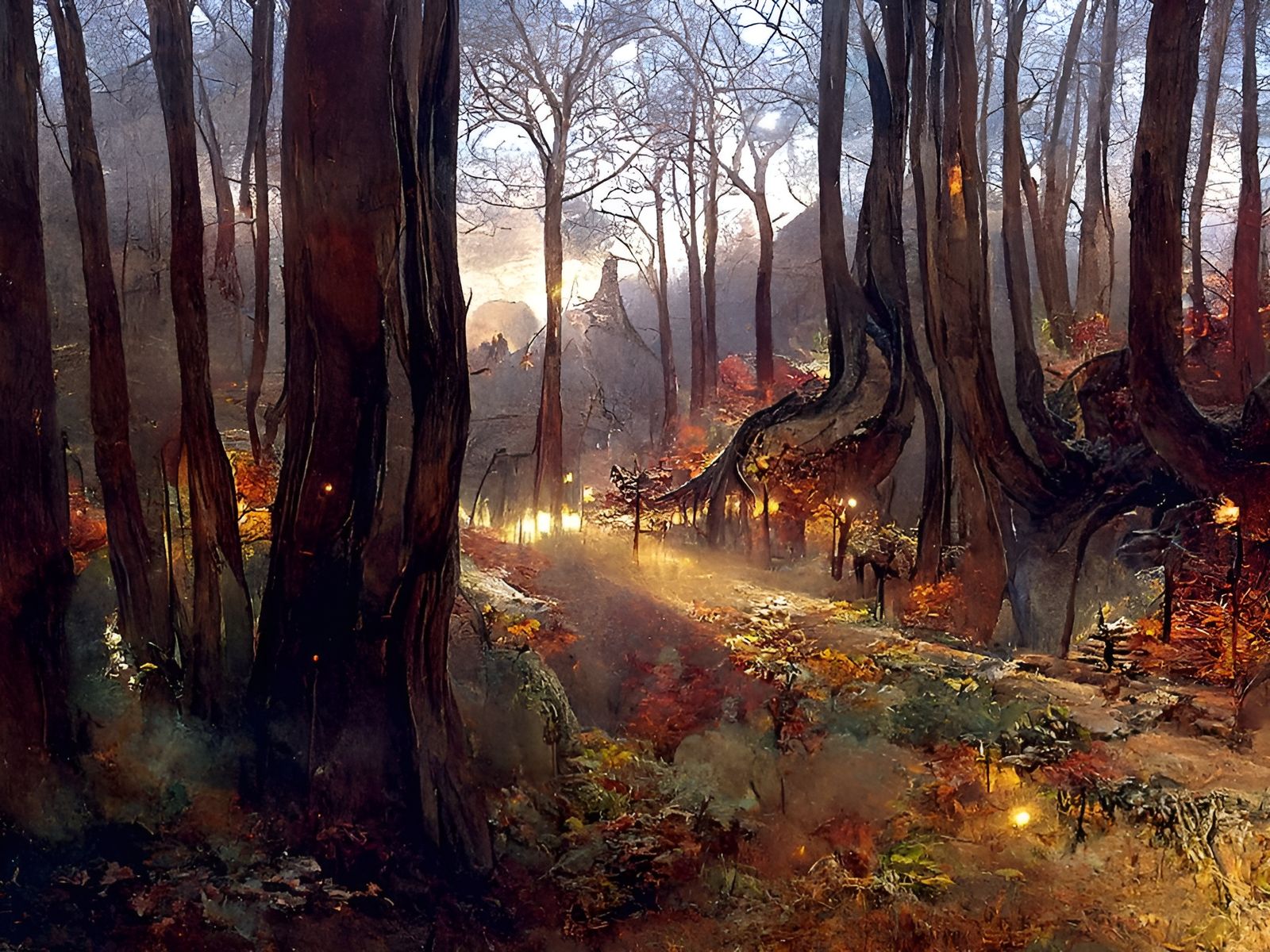 Autumn Forest Road: Watercolour Painting with Volumetric Lig...