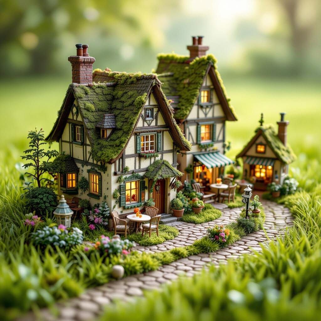 Miniature Village in Emerald Lawn: Whimsical Illustration