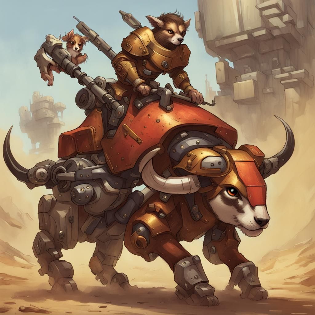 Minotaur Cavalier Rides a Mecha Weasel
