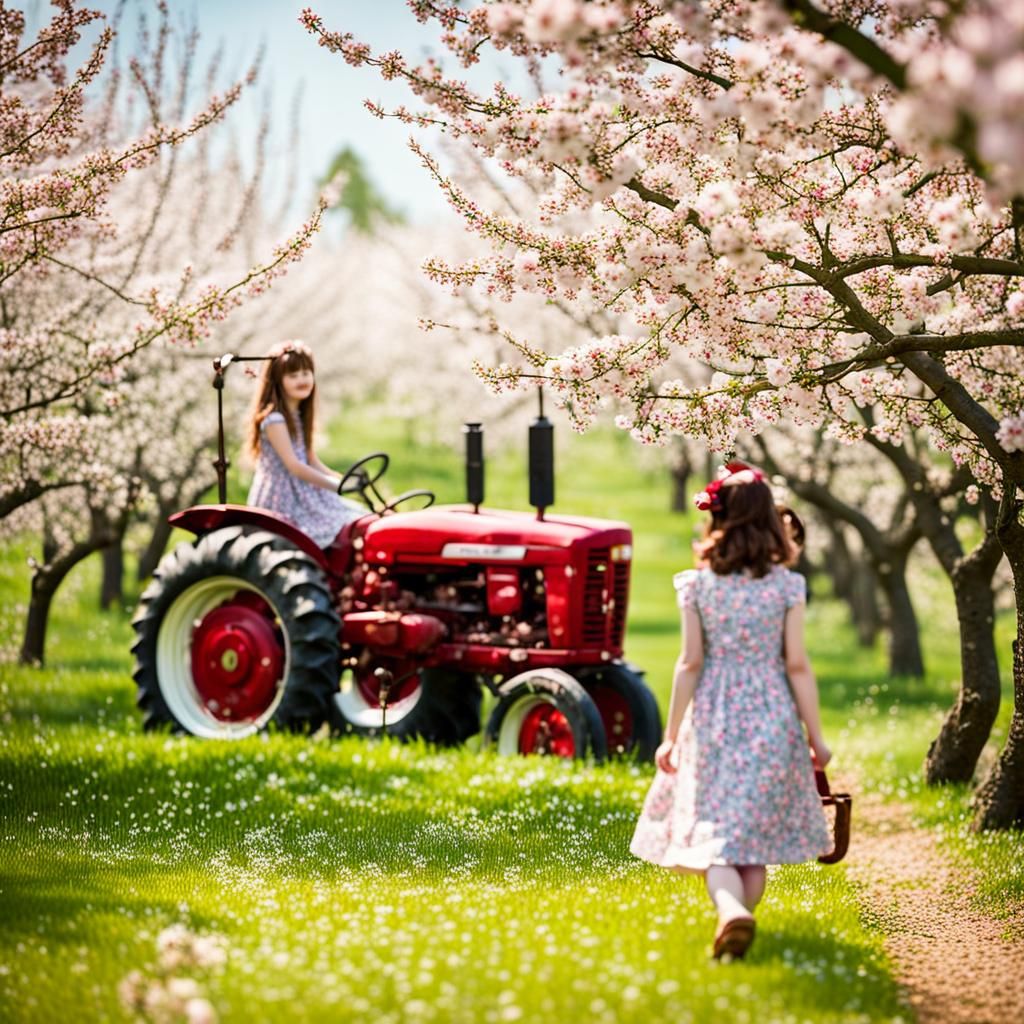 Blossoming Cherry Orchard with Girls Playing
