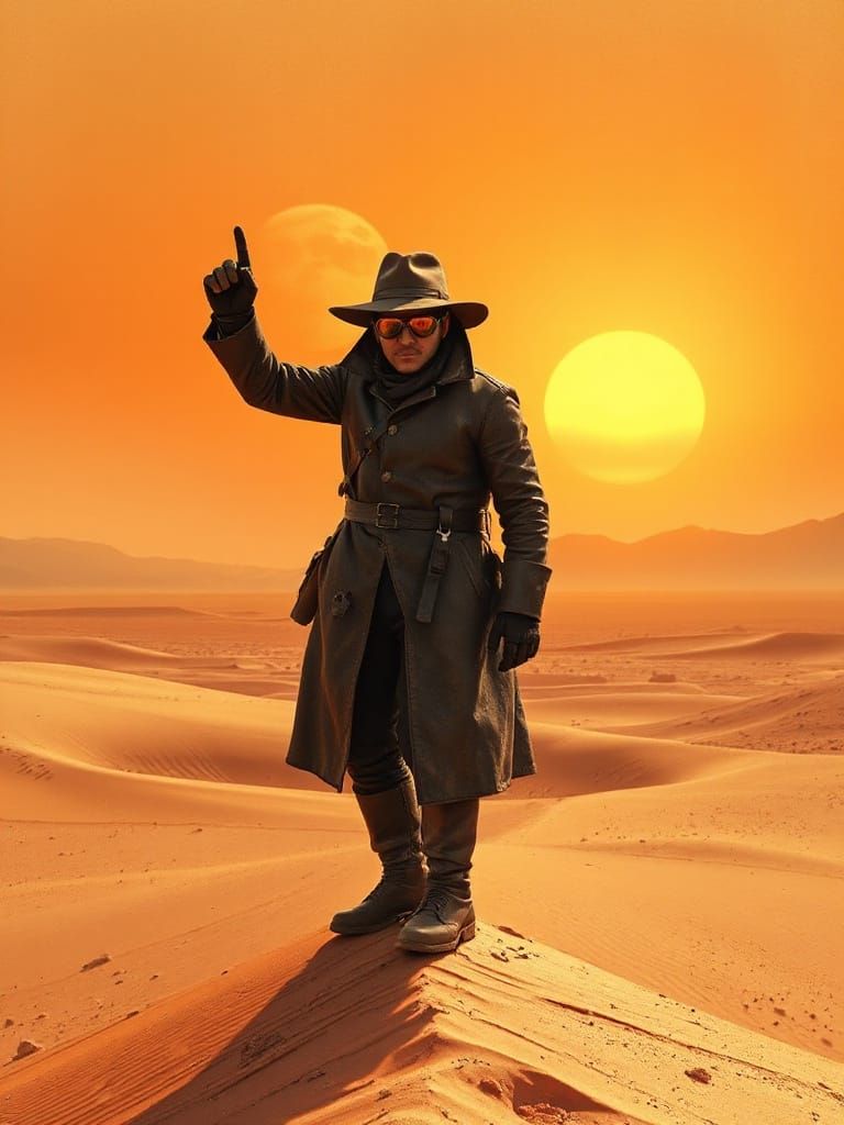 Cosmic Hitchhiker in Dieselpunk Desert Landscape