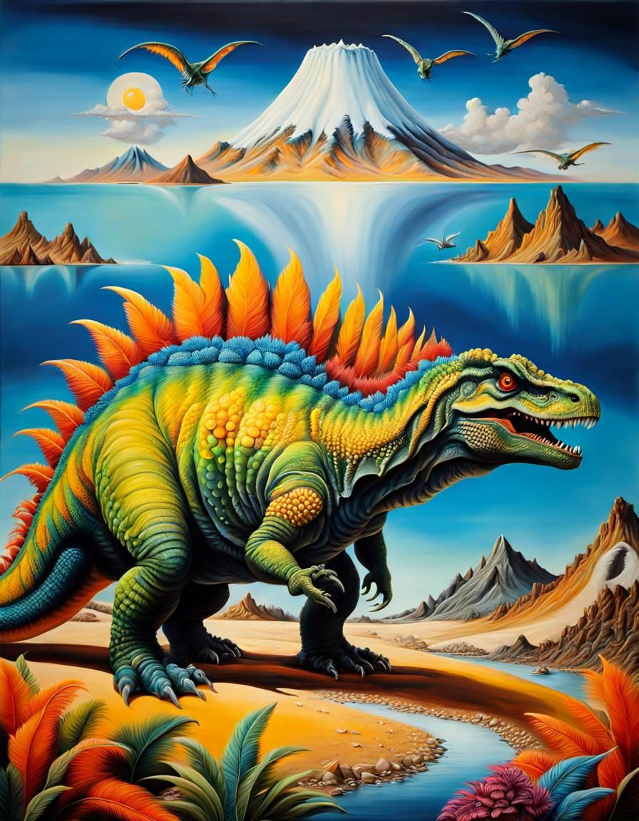 Colorful Surreal Dinosaur Godzilla in Dreamlike Landscape