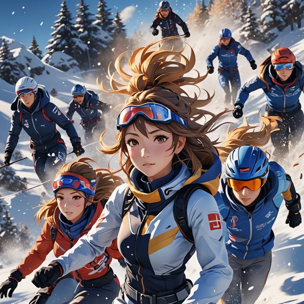 Anime 3D Athletes Race Down Snowy Slopes
