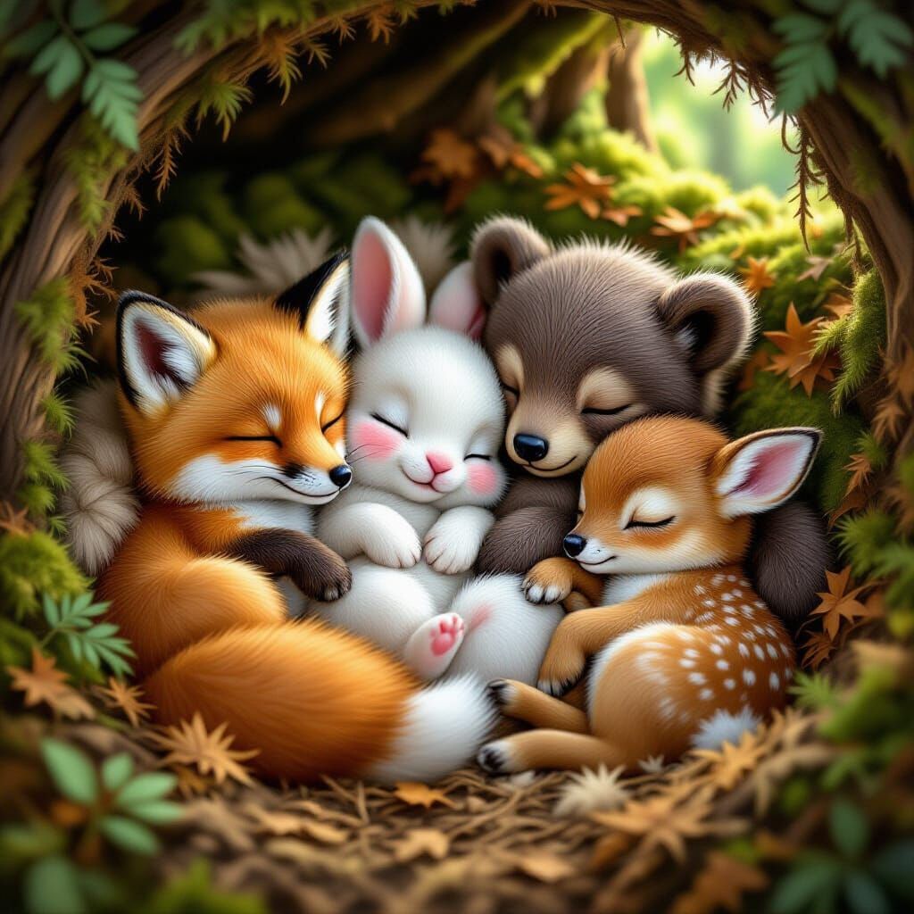 Ultra-Realistic Baby Forest Animals Sleeping in Cozy Den