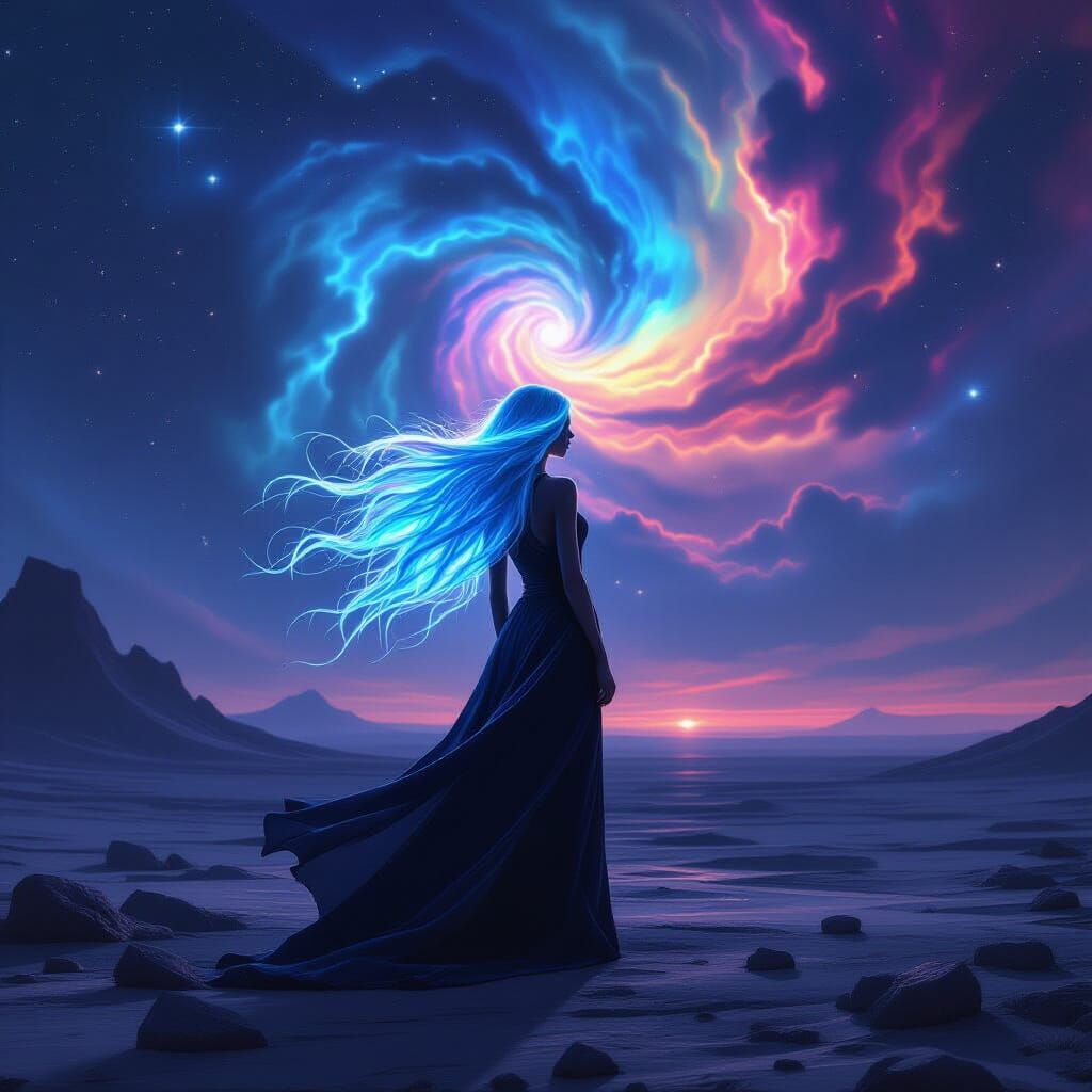 Ethereal Woman on Alien Moonscape Under Nebula