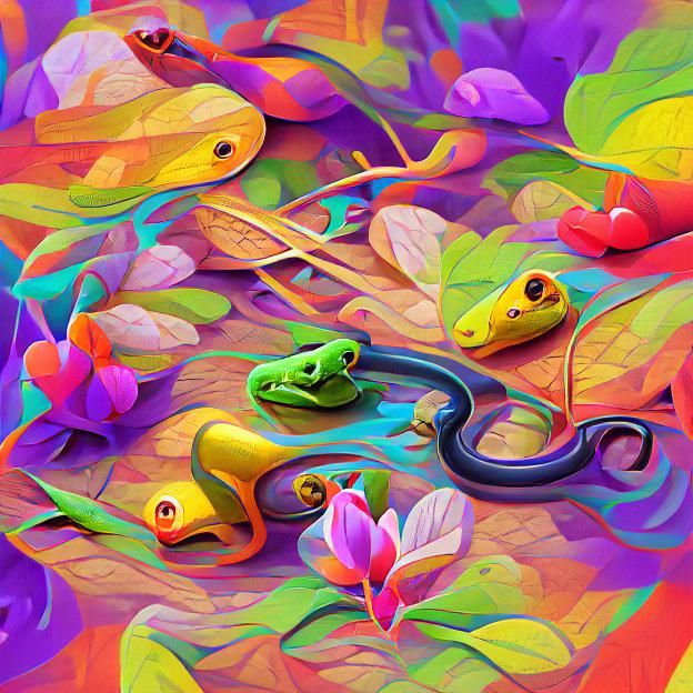Harmonious Snakes and Frogs in Colorful Digital Art