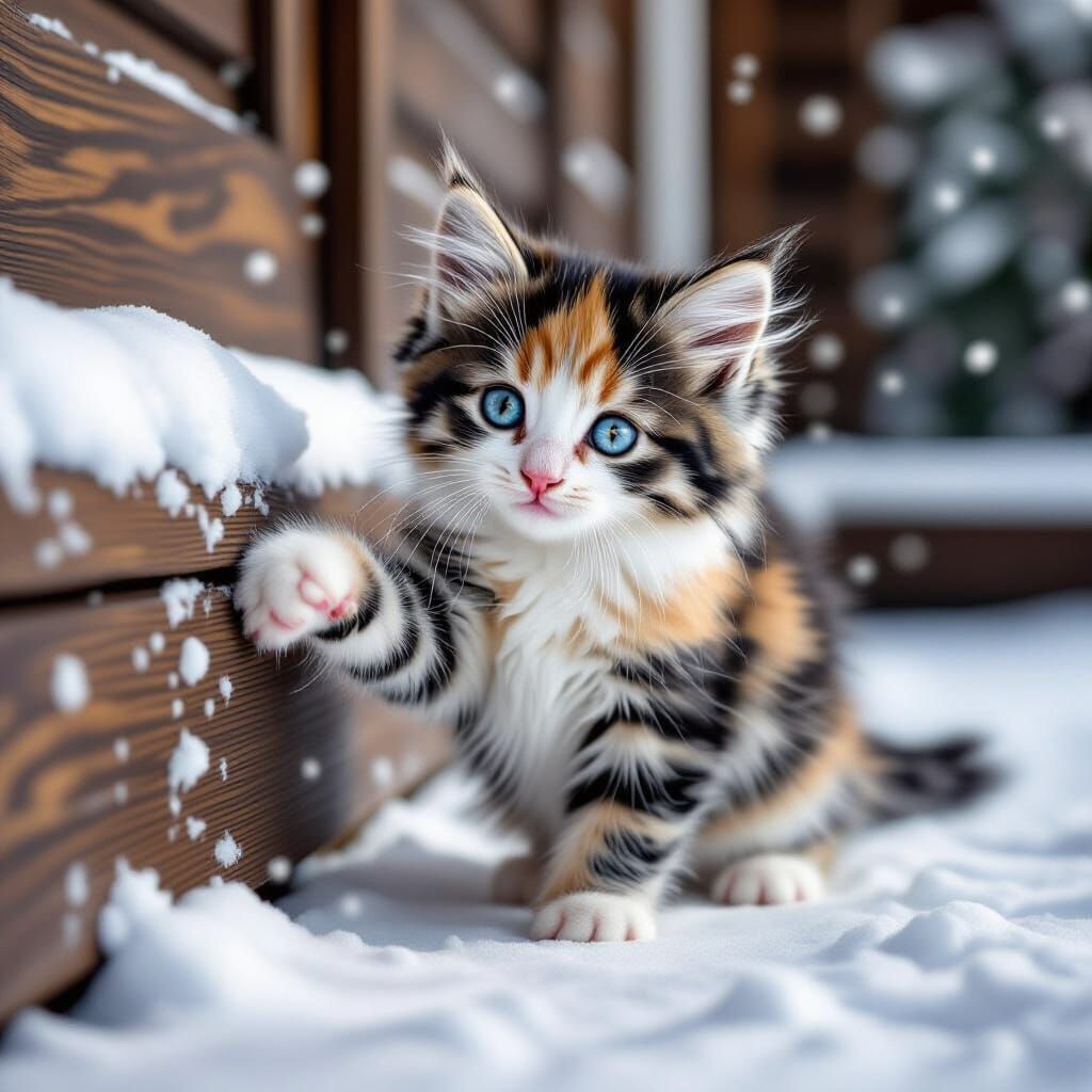 Fluffy Calico Kitten Discovers Snow on Porch