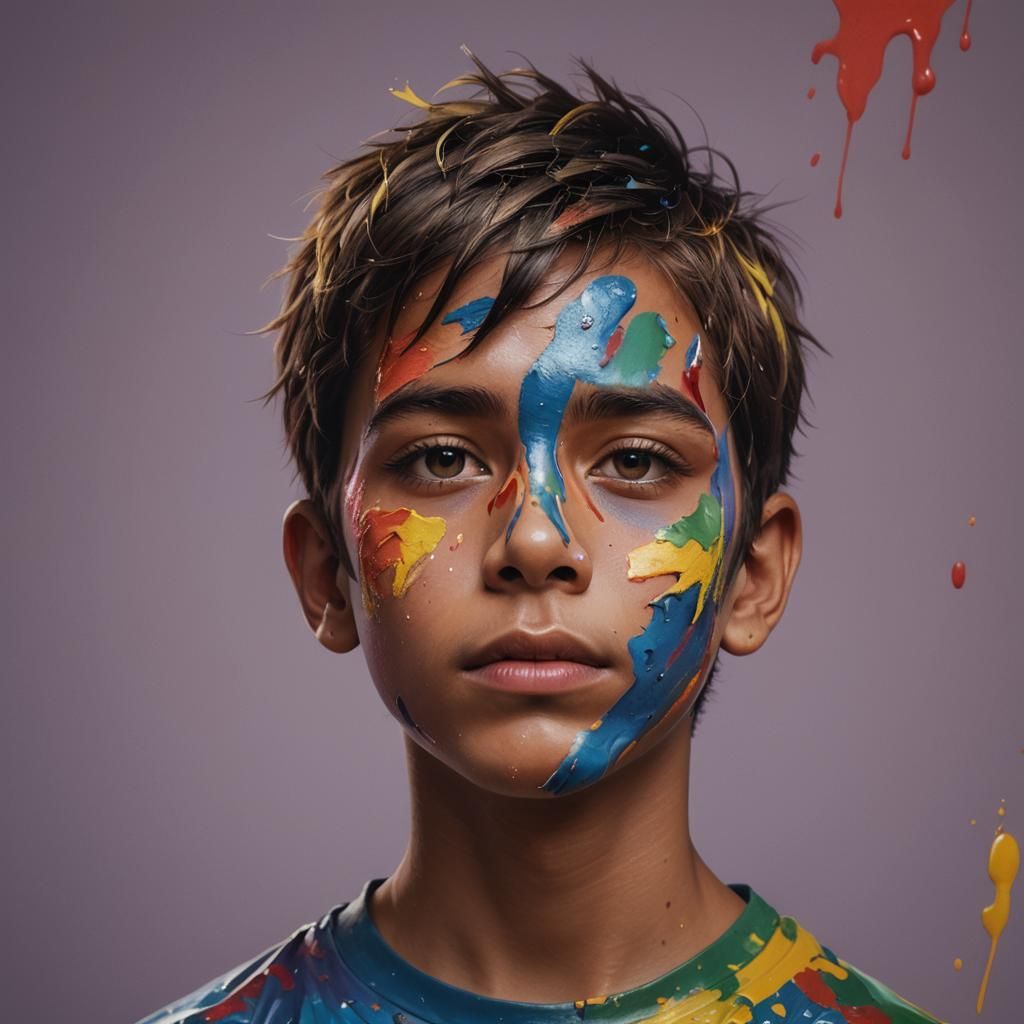 Colorful Face Paint Boy: Hyperrealistic Splash Art