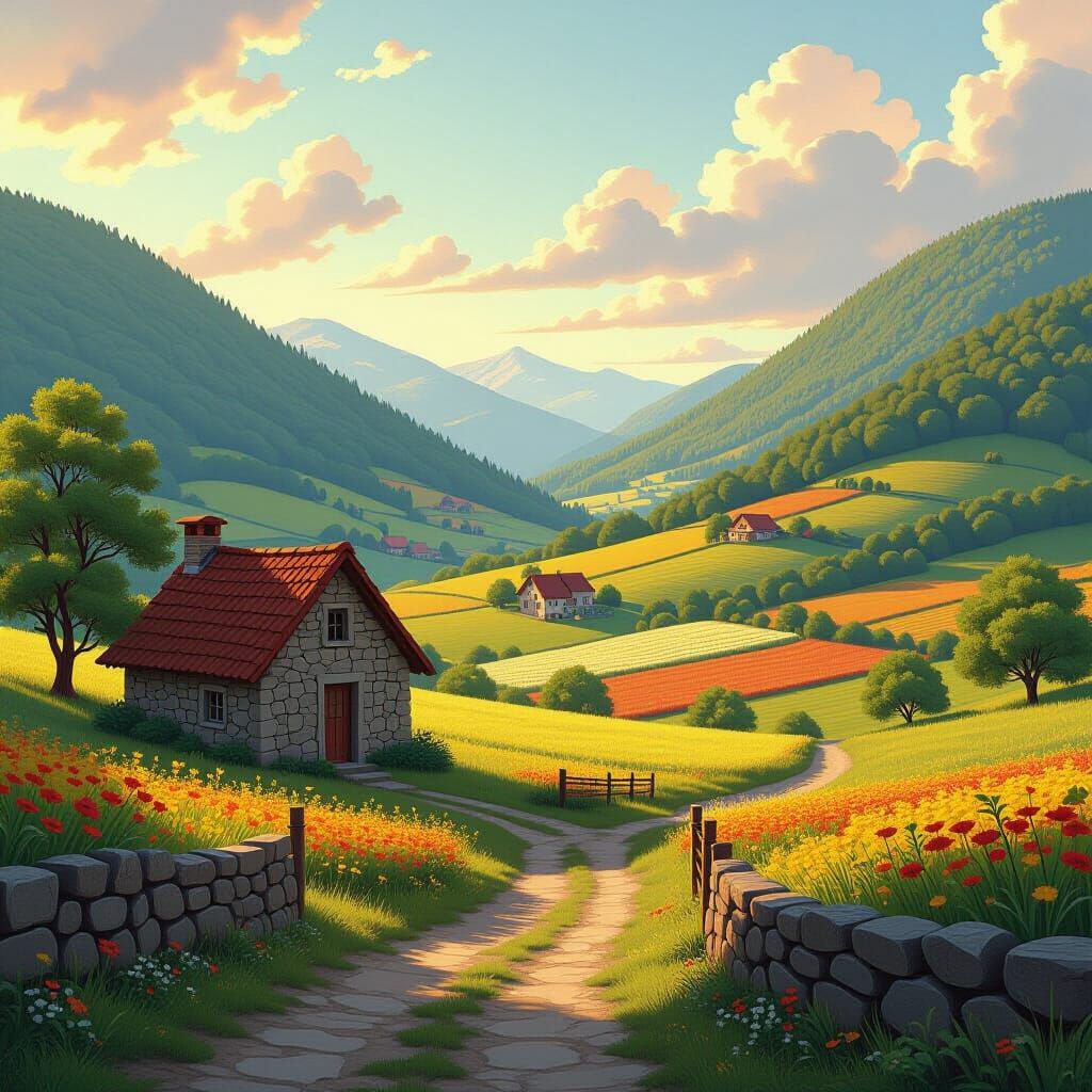Idyllic Valley Landscape in Hyperrealistic Style