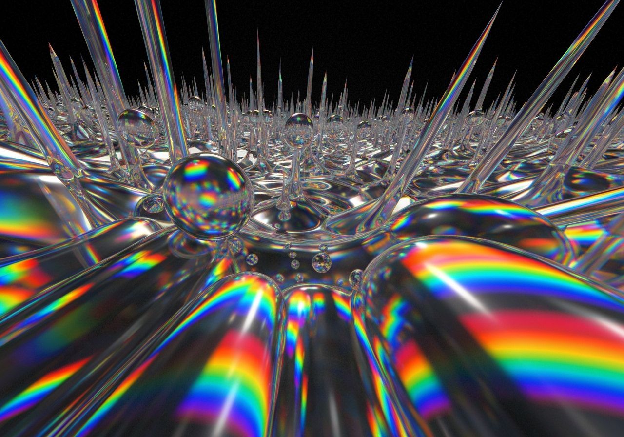 Crystalline Landscape with Rainbow Colors and Light Orbs