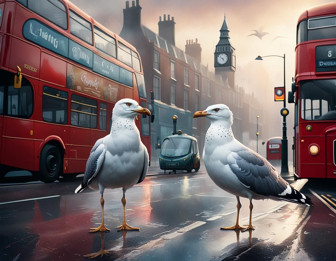Seagulls Waiting for Bus: Urban Wildlife Concept Art
