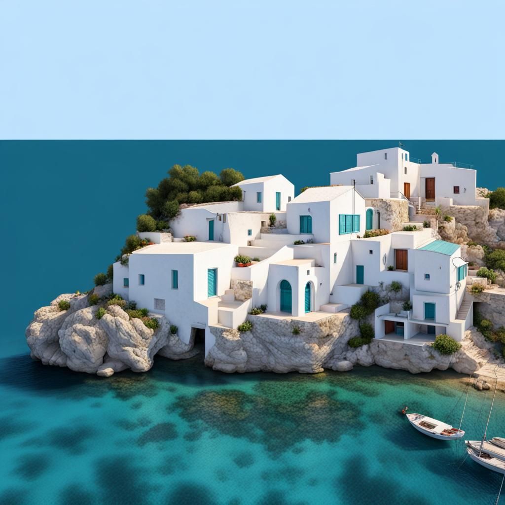 Idyllic Greek Village Floating in Ocean