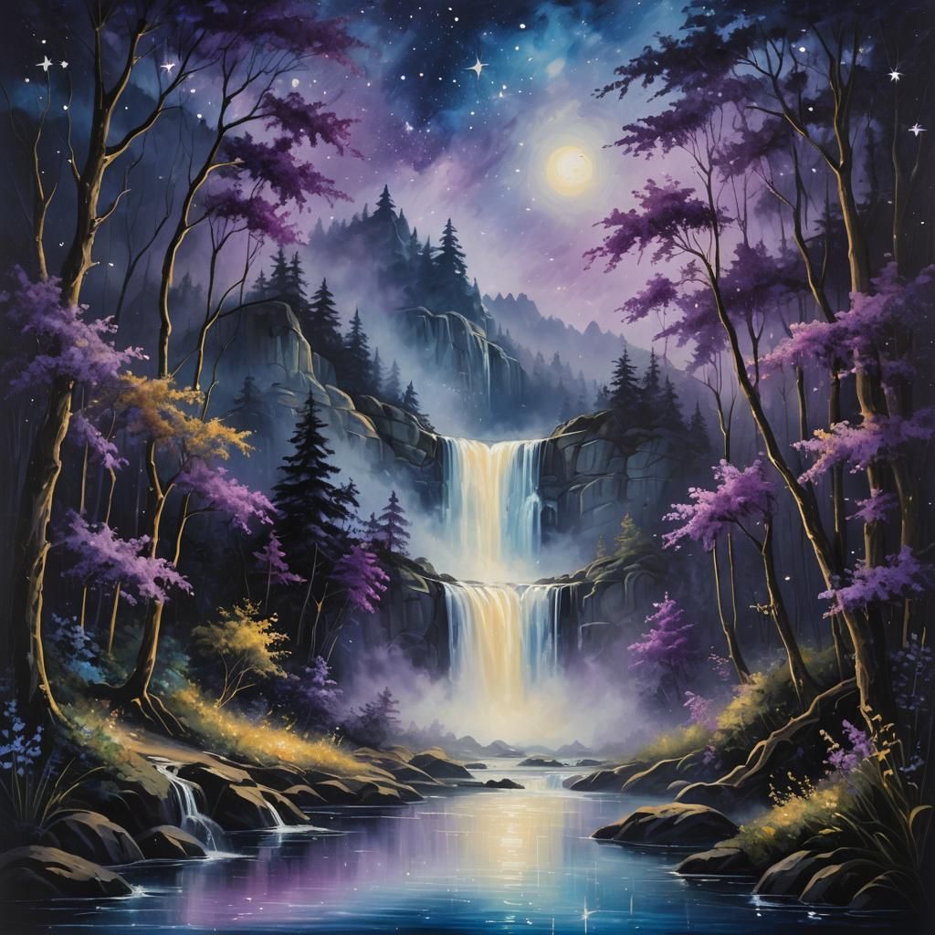 Dreamscape Waterfall Serenity Under Starry Moonlight