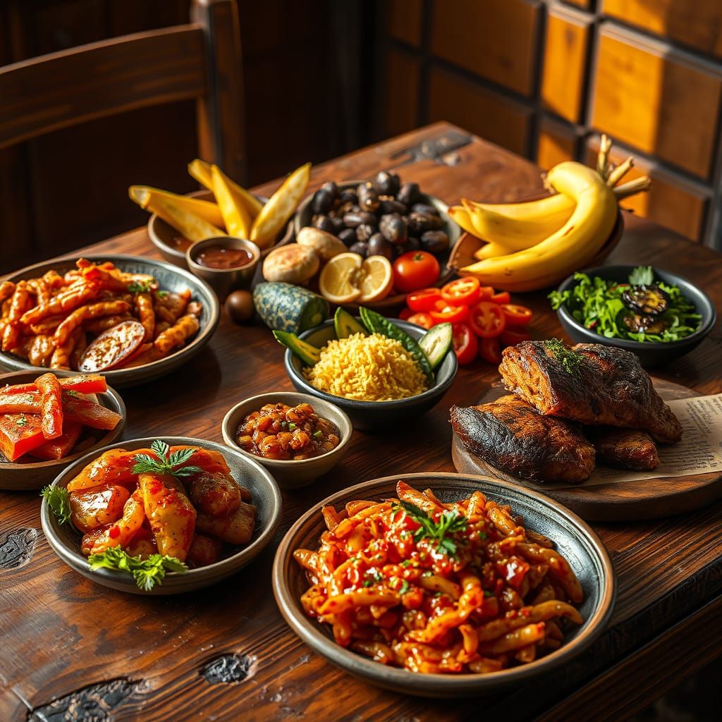 Warm, Golden Food Arrangement in Rustic Wooden Setting