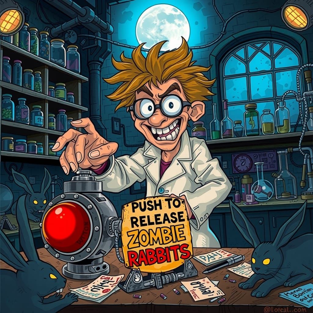 Mad Scientist on the Brink of Zombie Rabbit Chaos