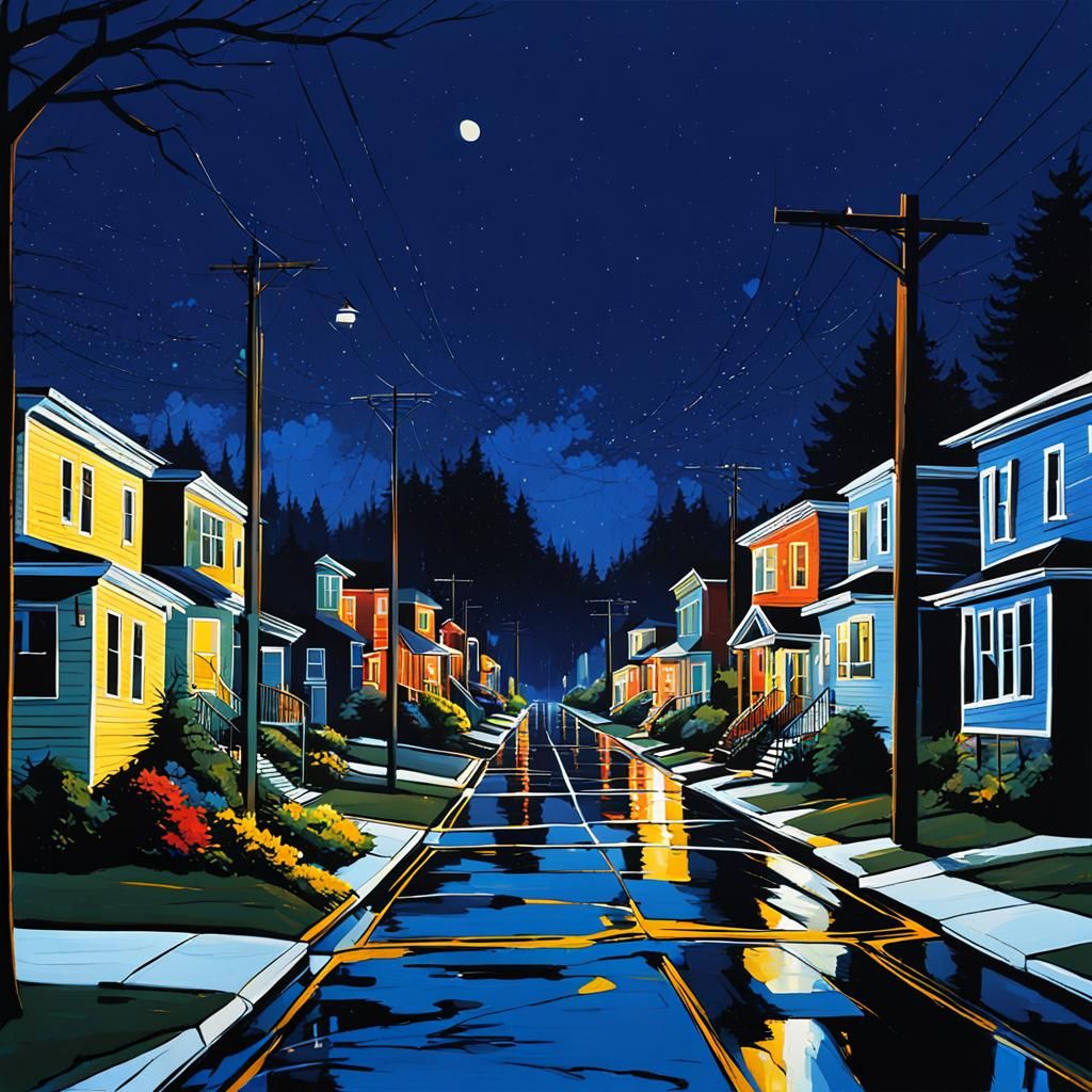 Nighttime Suburban Street Scene in Abstract Style