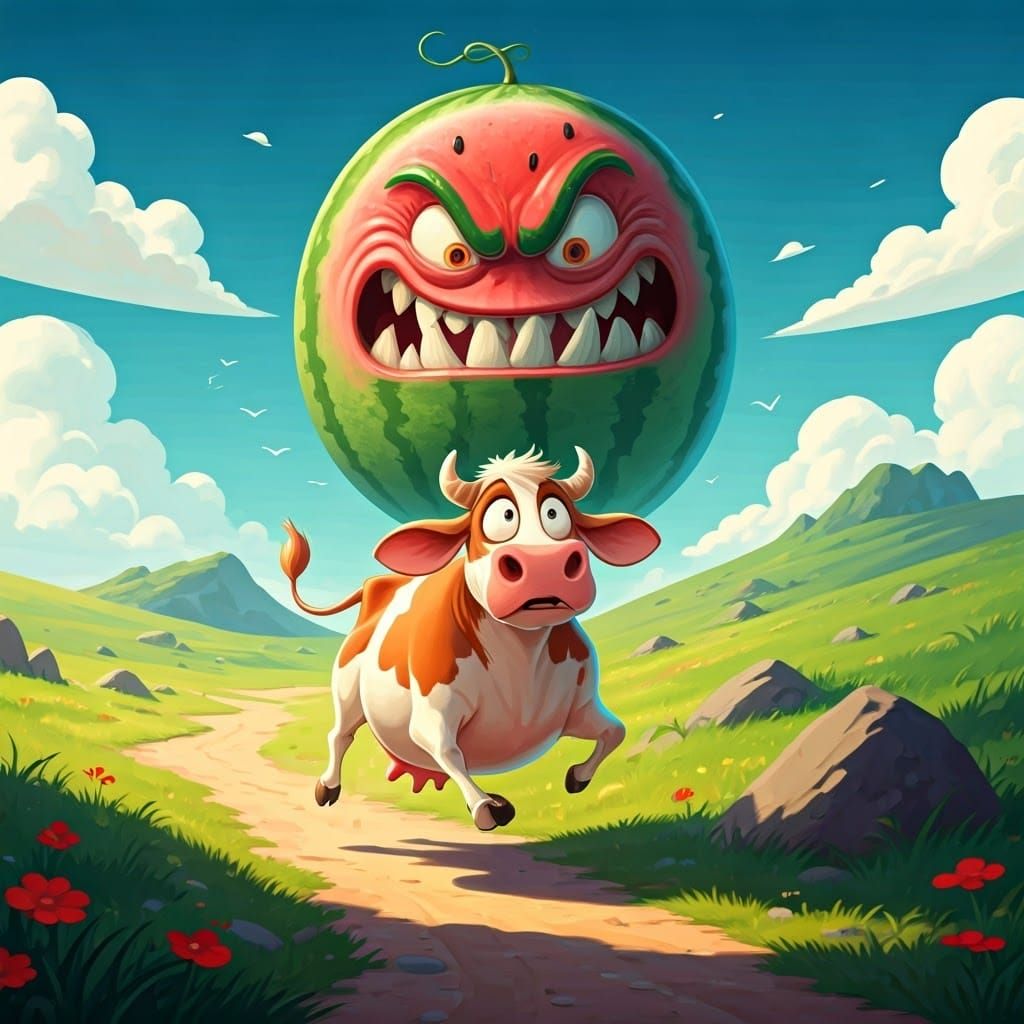 Vibrant Cartoon Cow Sprints from Giant Watermelon in Dreamli...