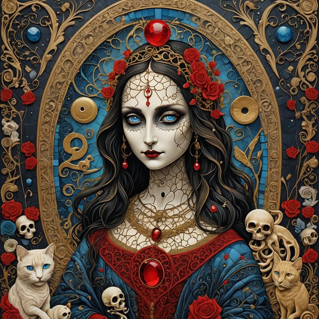 Lady in Red: Whimsical Ink Illustration with Dancing Ghosts