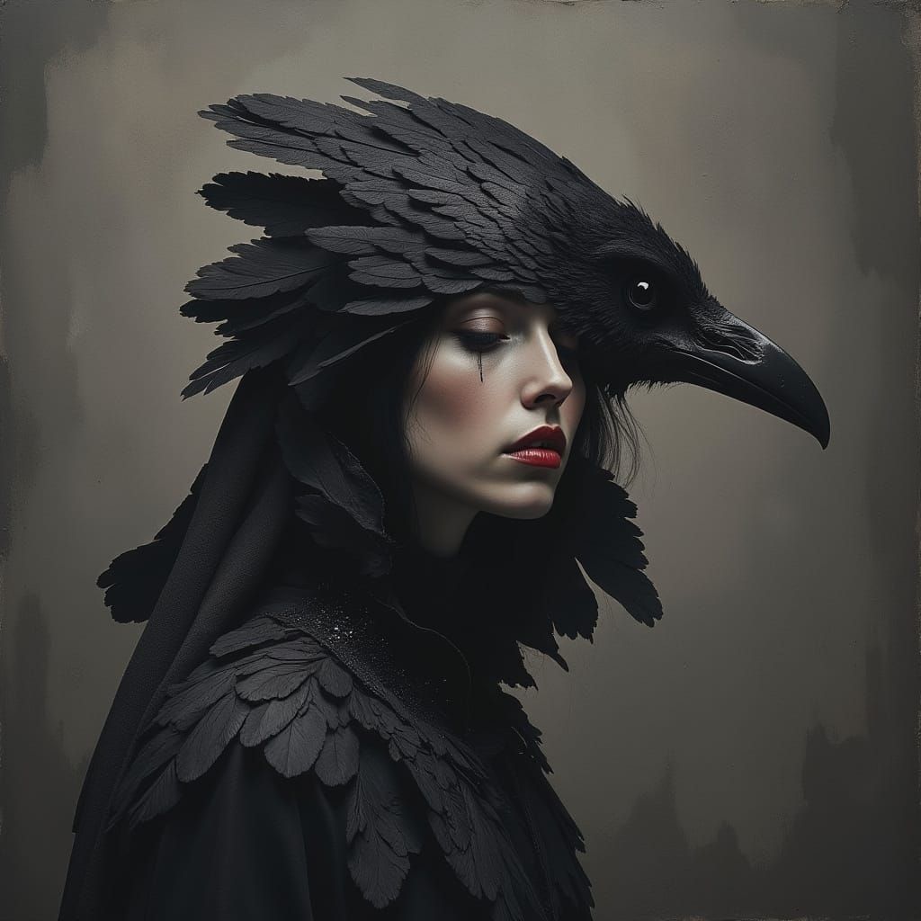 Experimental Black and White Photo of Woman and Raven