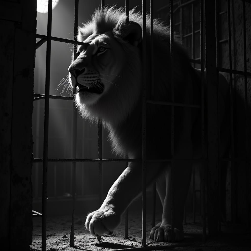 Majestic Lion Silhouette Escapes Rusty Cage in High-Contrast...
