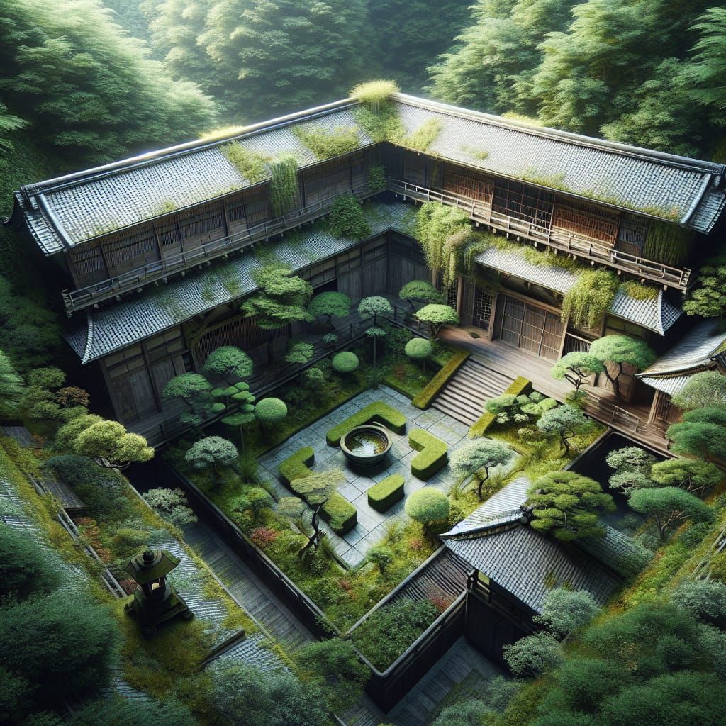 Hidden Japanese Courtyard in Forest, Aerial View