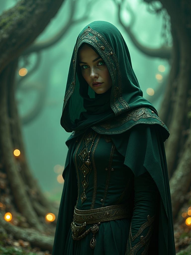 Veiled Woman in Mystical Forest: Cinematic Concept Art