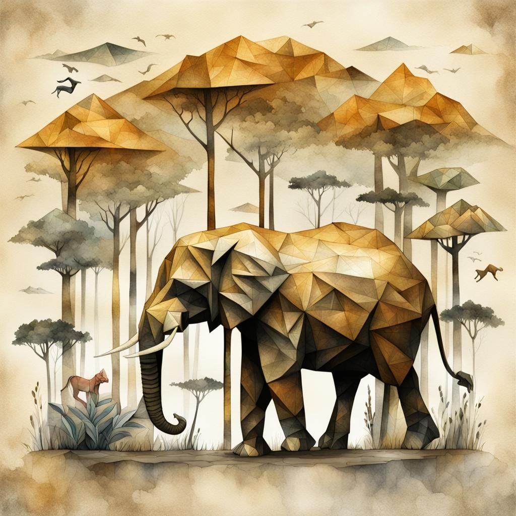 Origami Animals in Nature Reserve, Watercolor Illustration