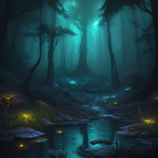 Mystical Spring Pool Aglow With Fireflies