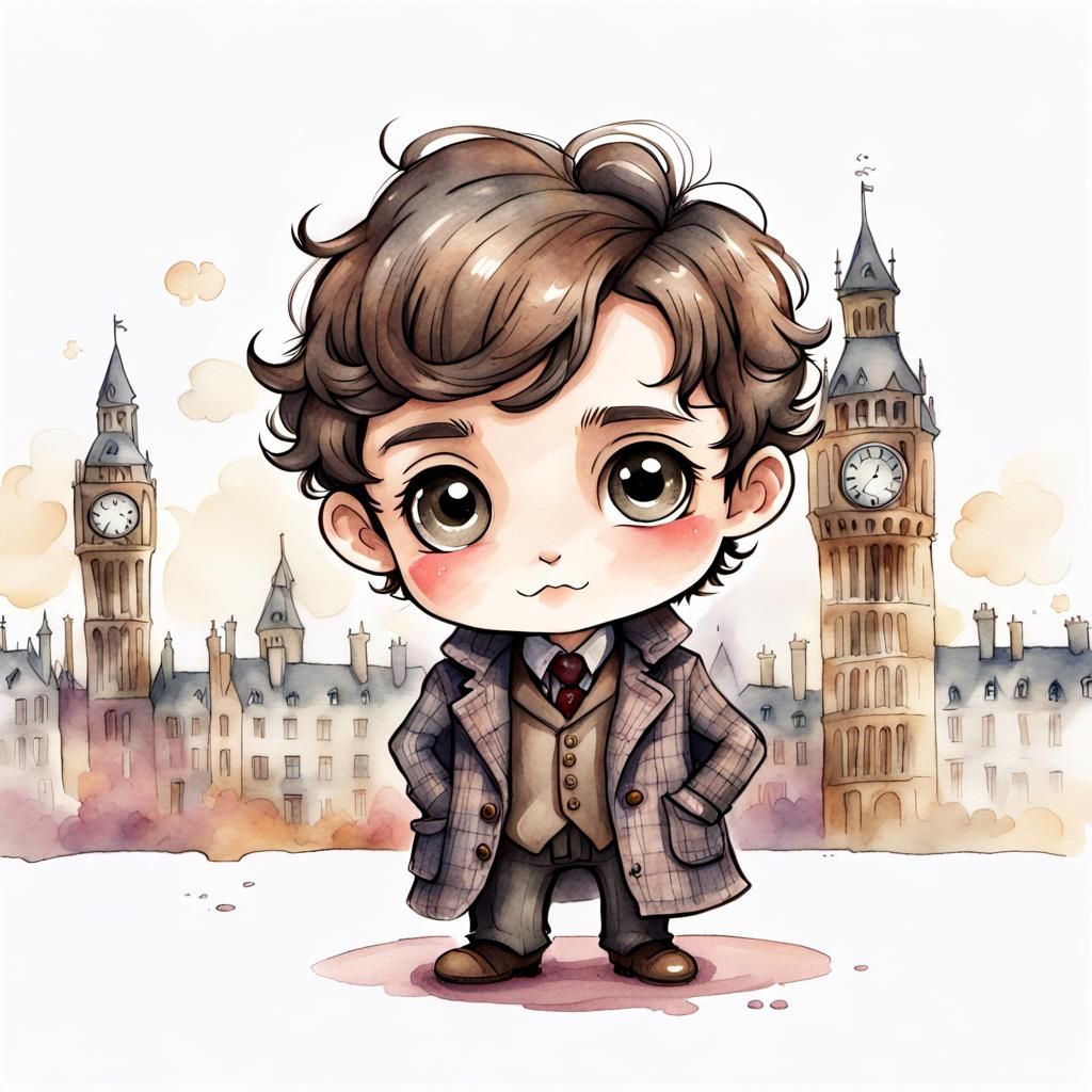 Chibi Sherlock Holmes Watercolor Portrait in London