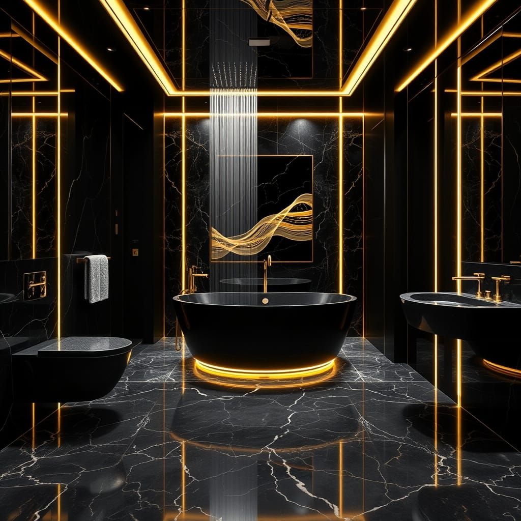 Luxury Bathroom on a Superyacht in Black and Gold Elegance