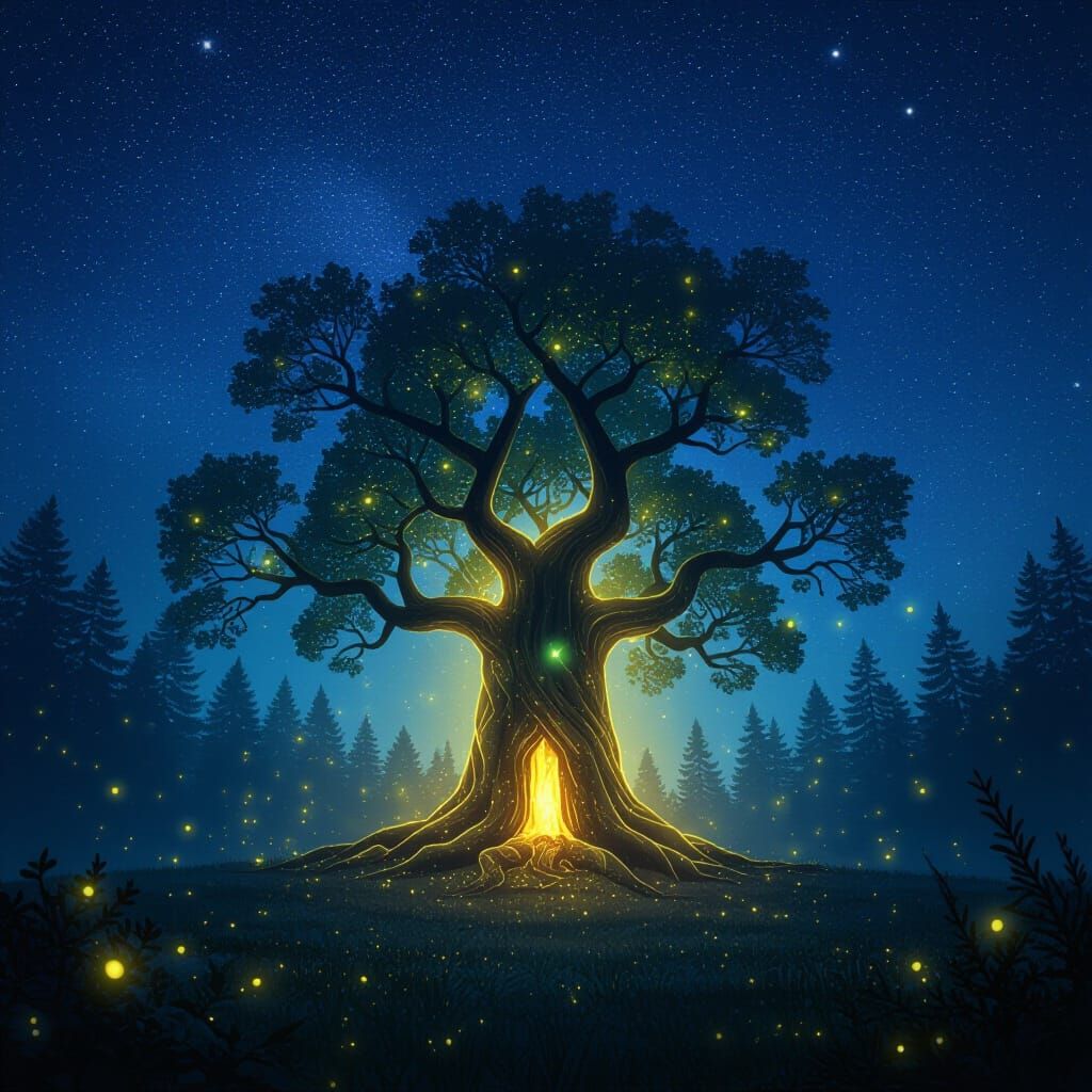 Glowing Ancient Tree in Mystical Starry Forest