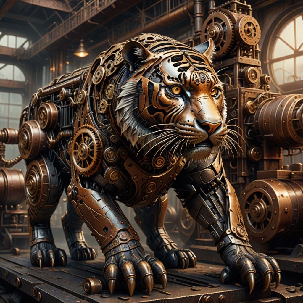 Steampunk Tiger Prowls Through Industrial Factory