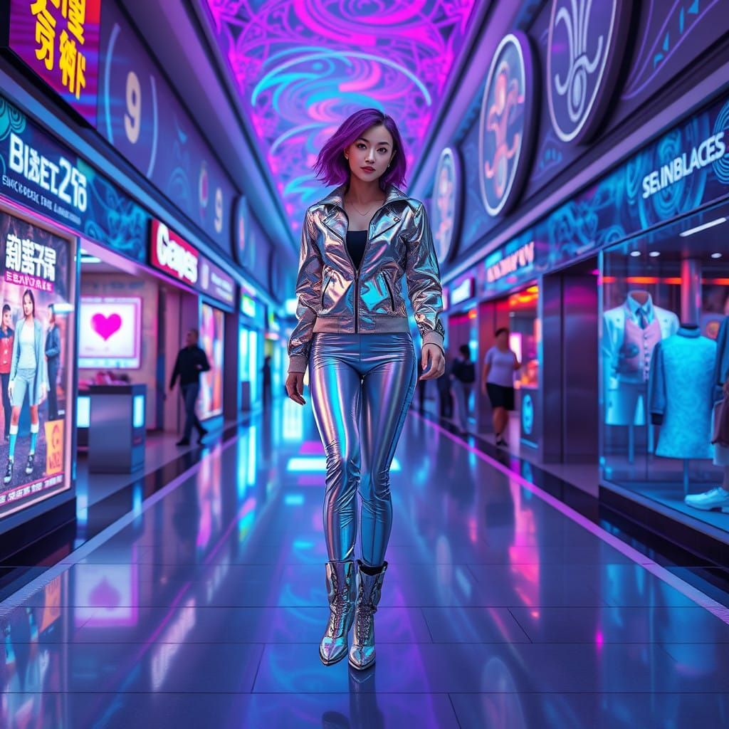 Glamorous Asian Woman Walks Through a Futuristic Shopping Ma...