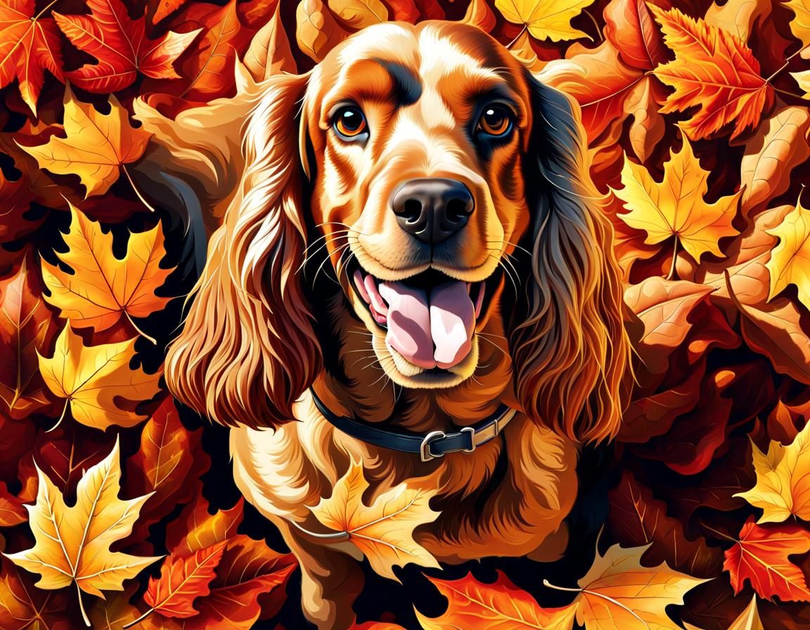 Happy Cocker Spaniel Jumps in Autumn Leaves