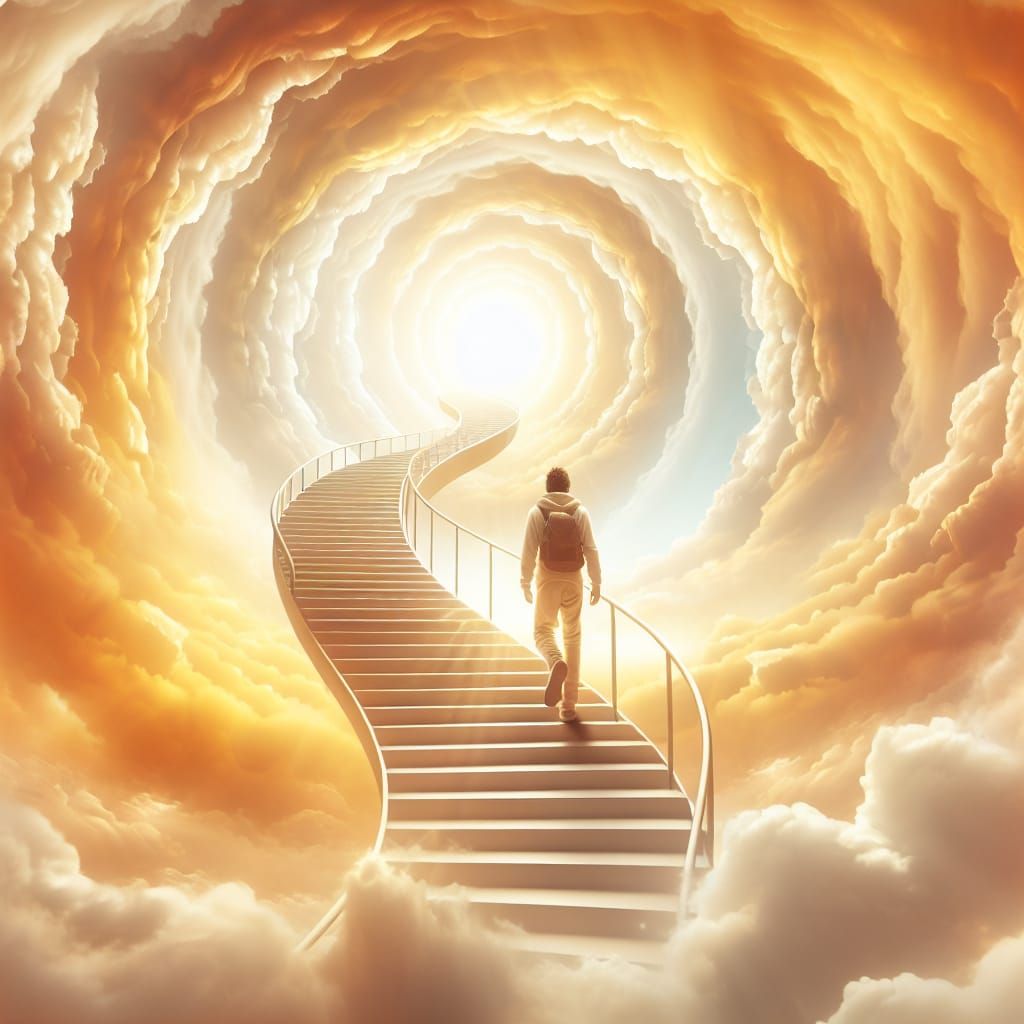 Hispanic Traveler Ascending Cloud Staircase